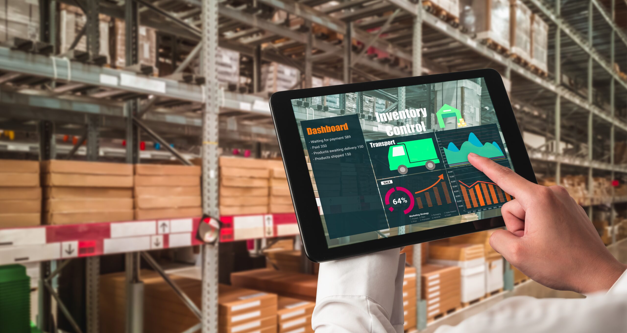 Tablet showing inventory optimization dashboard in a warehouse for multi-location outdoor power equipment retailers