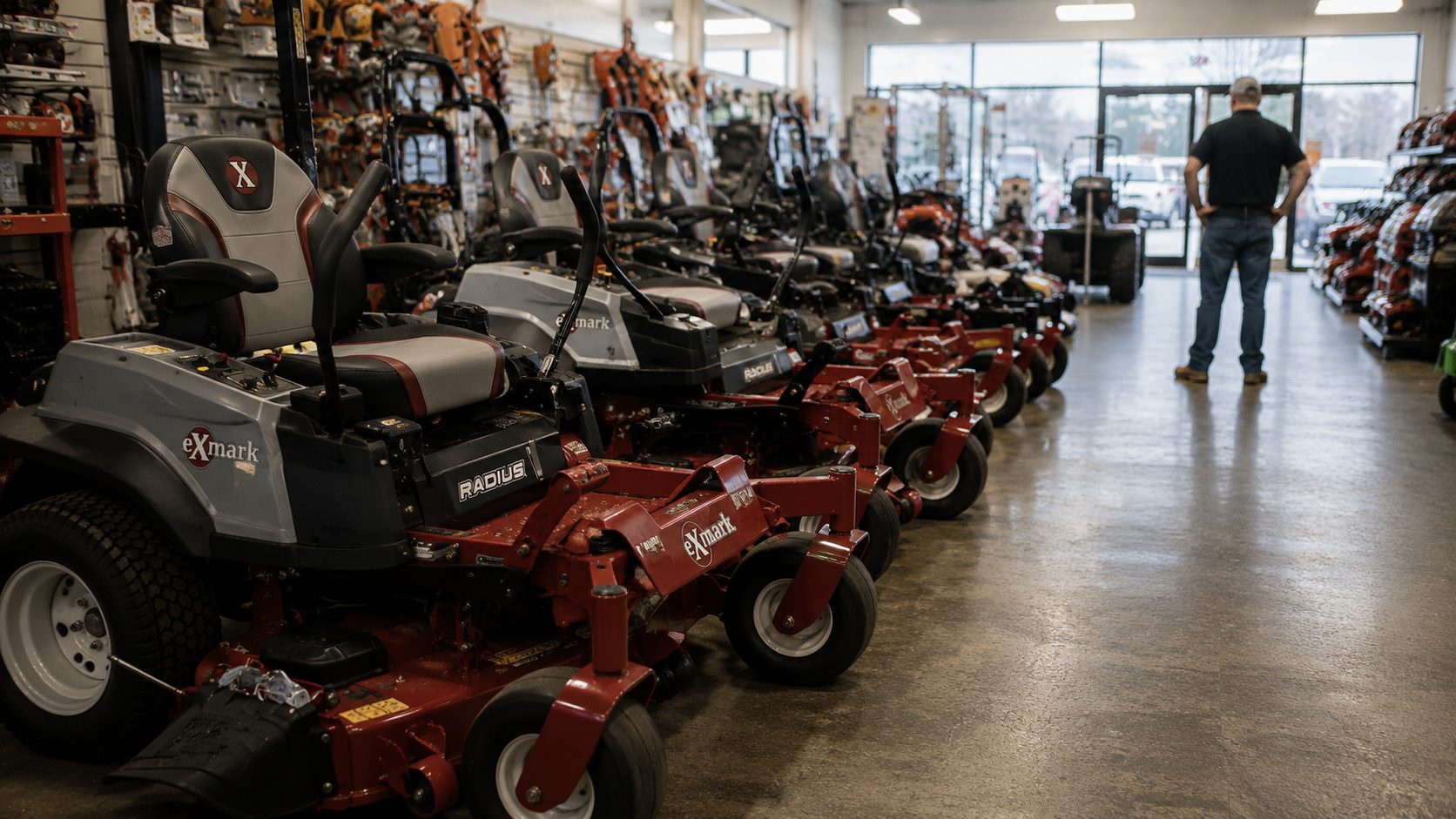 A dealership showroom lined with zero-turn mowers, a customer standing at the entrance