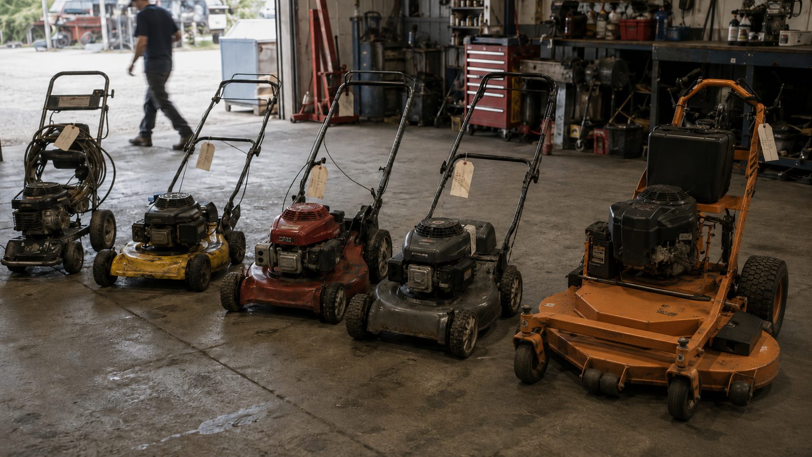 A row of walk-behind mowers with work-order tags attached, waiting in a service bay