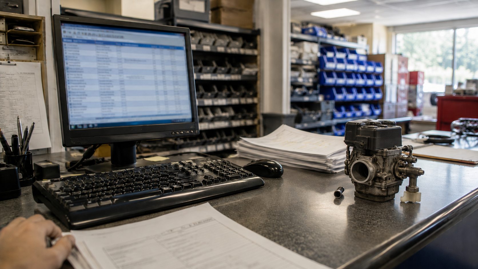 A parts counter workstation with a long report on screen, a carburetor and paperwork on the bench