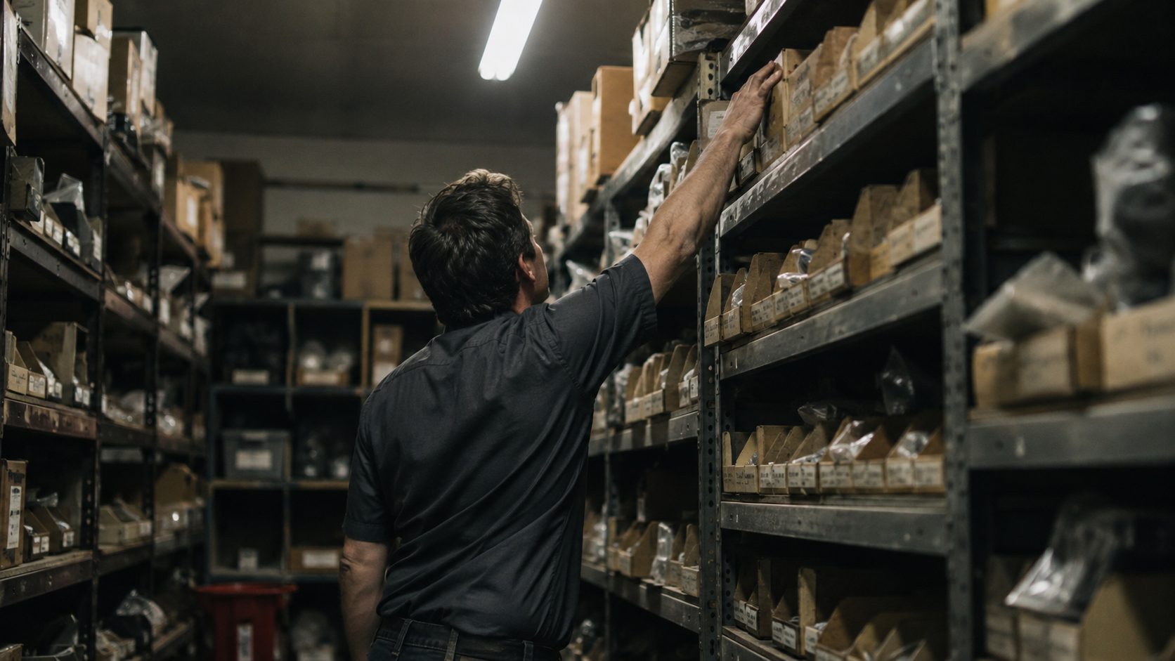 A parts employee reaching for stock on a shelf of small-parts bins in a dealership stockroom