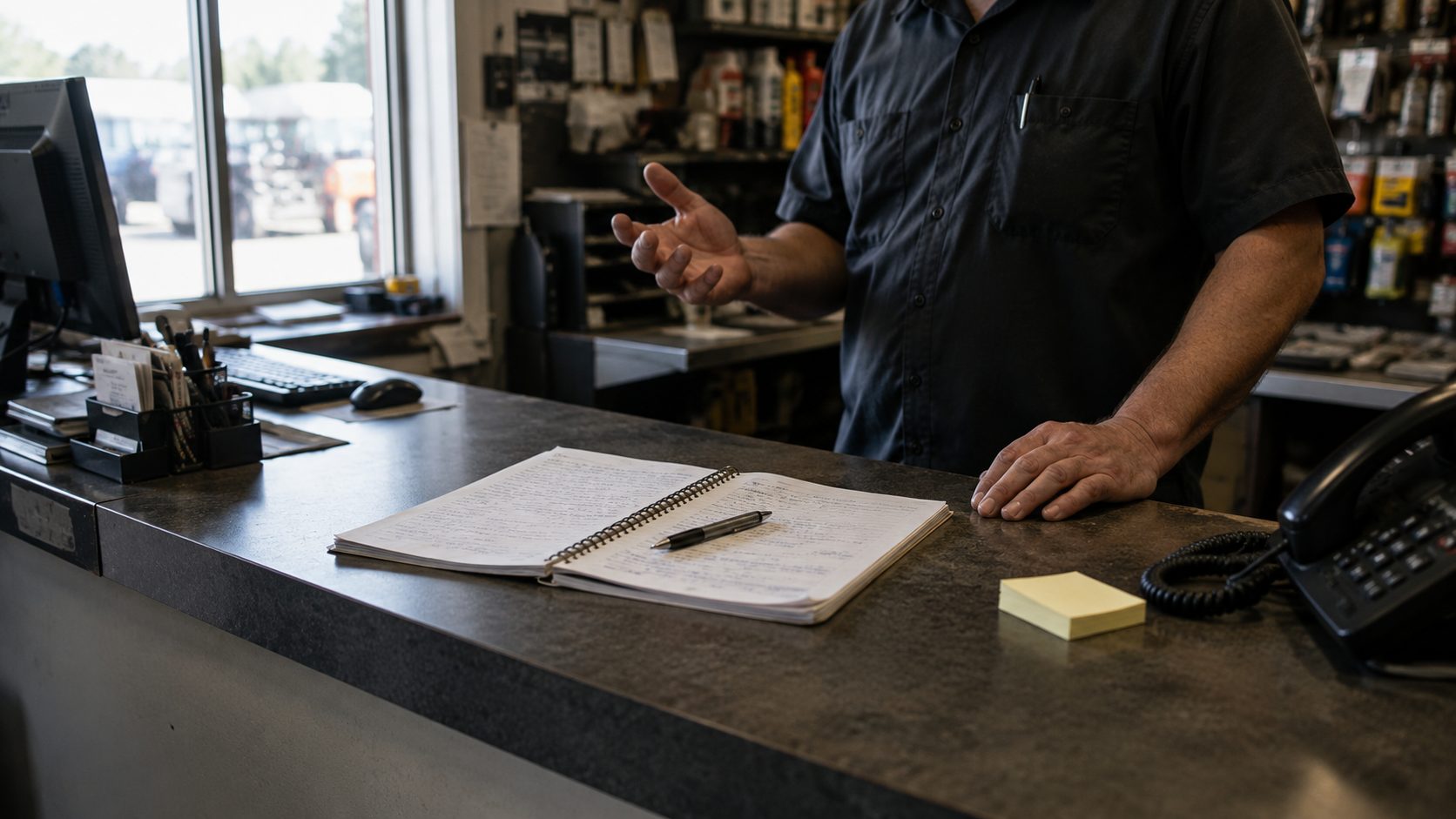 A salesperson at a counter beside an open notebook, pen and telephone, mid-conversation with a customer