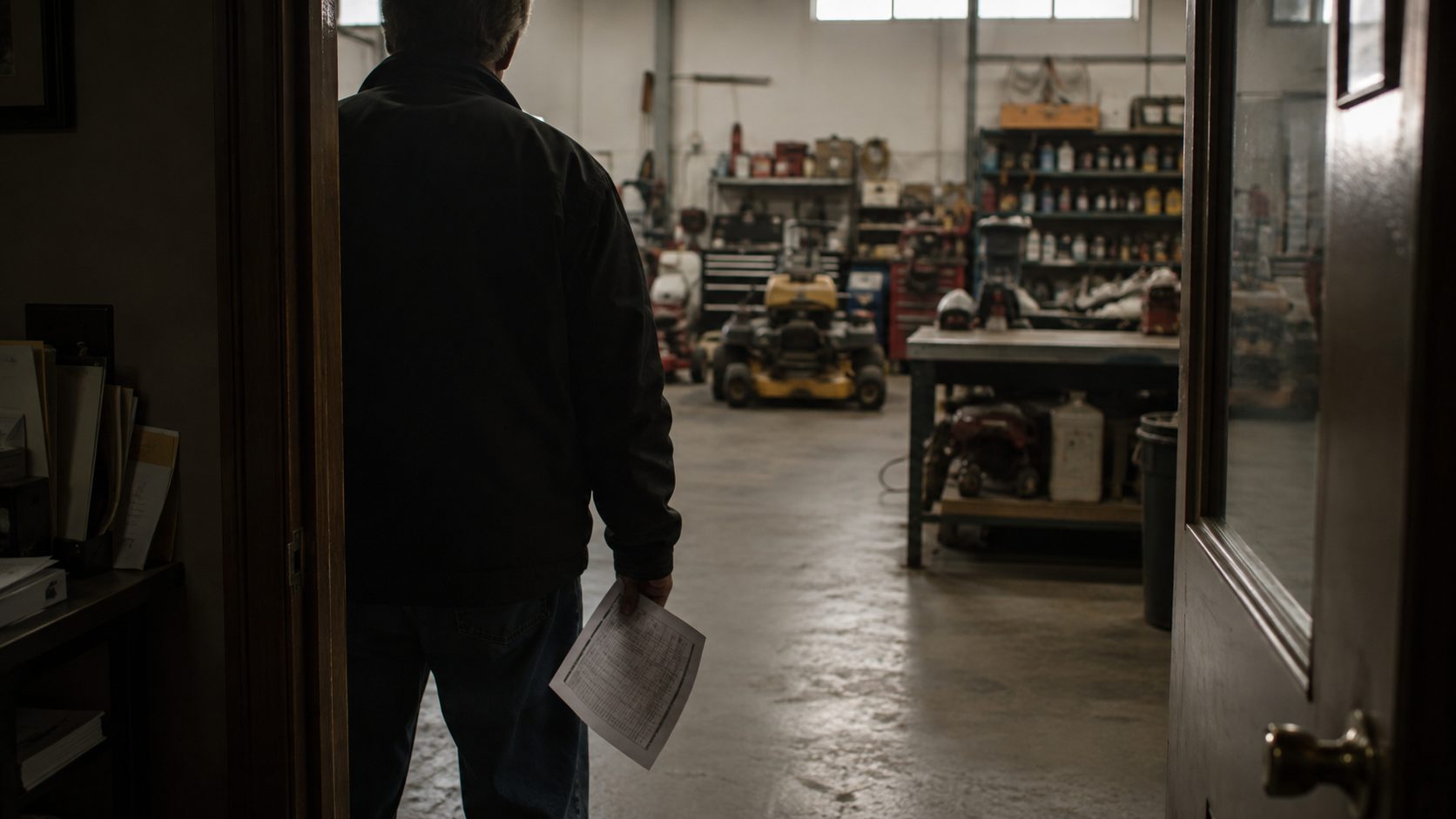 A manager carrying a printed report from the office into an equipment service shop