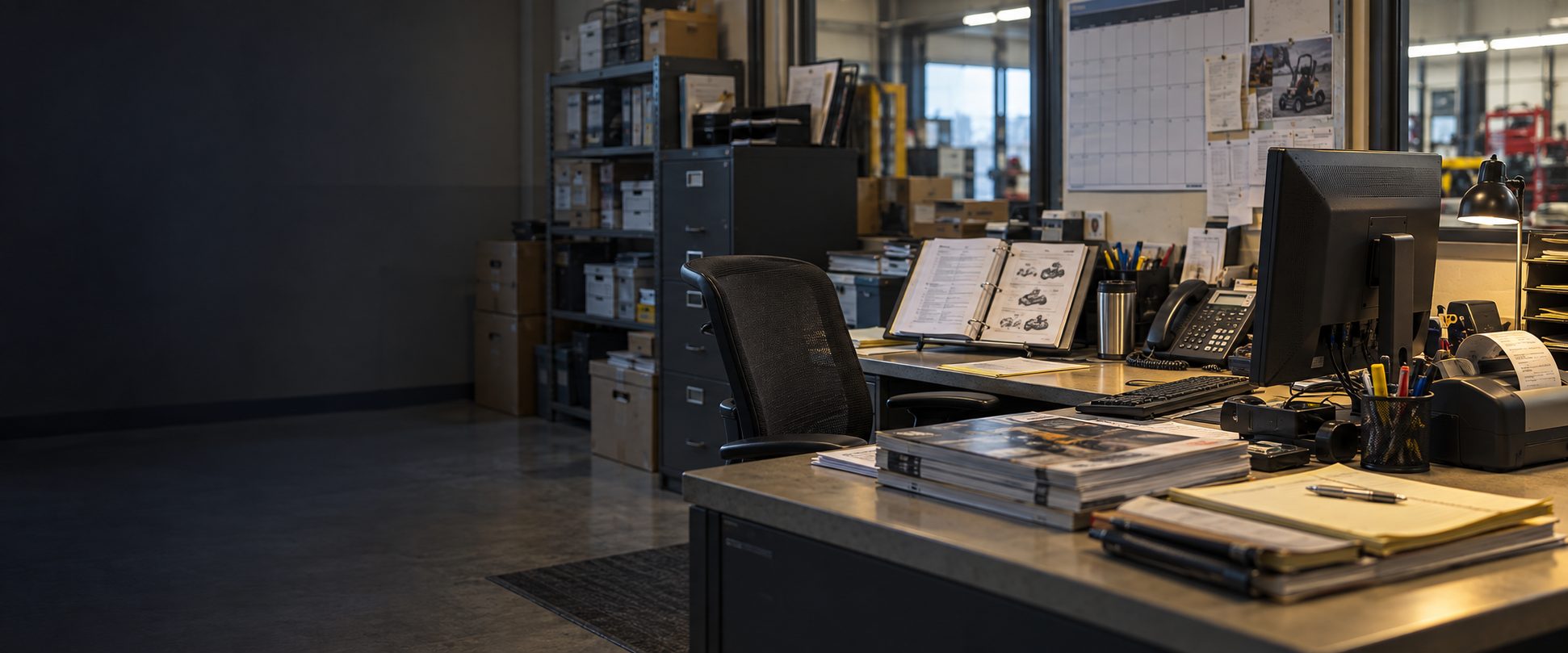 A back-office workstation in an equipment dealership with a monitor, parts catalog open on a stand, filing cabinet and wall calendar