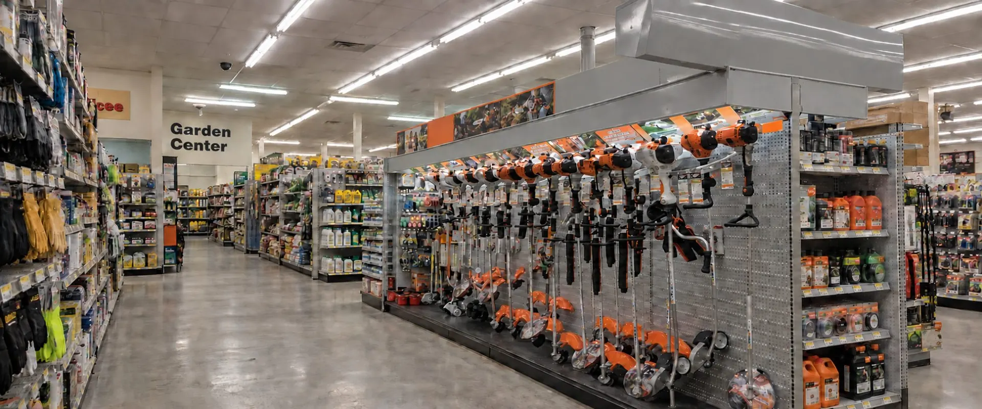 Outdoor power equipment on display in an independent hardware store