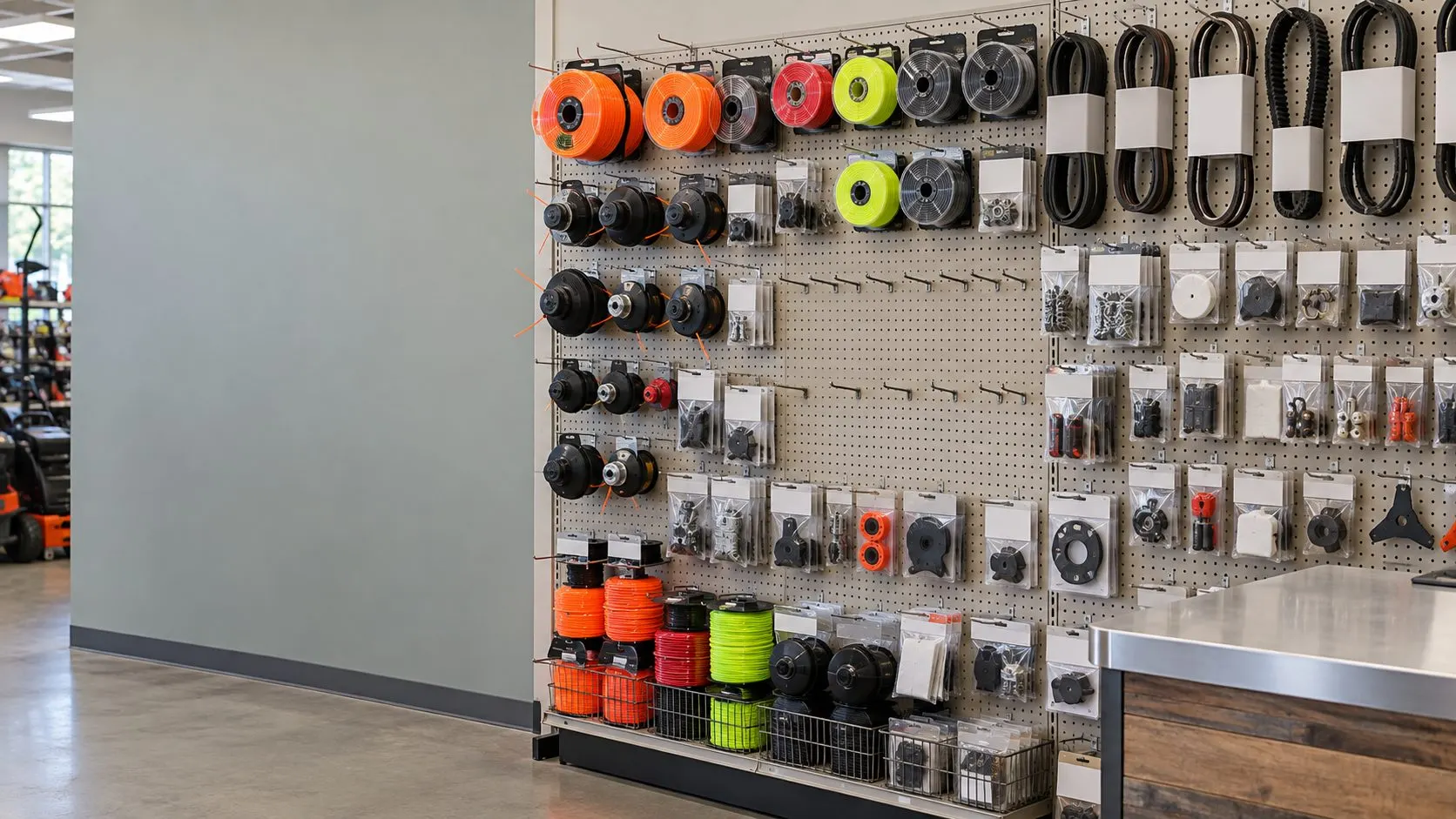 A pegboard parts wall next to the parts counter, stocked with trimmer line, trimmer heads, belts and packaged parts, with a run of empty hooks in the middle where an item has sold out.