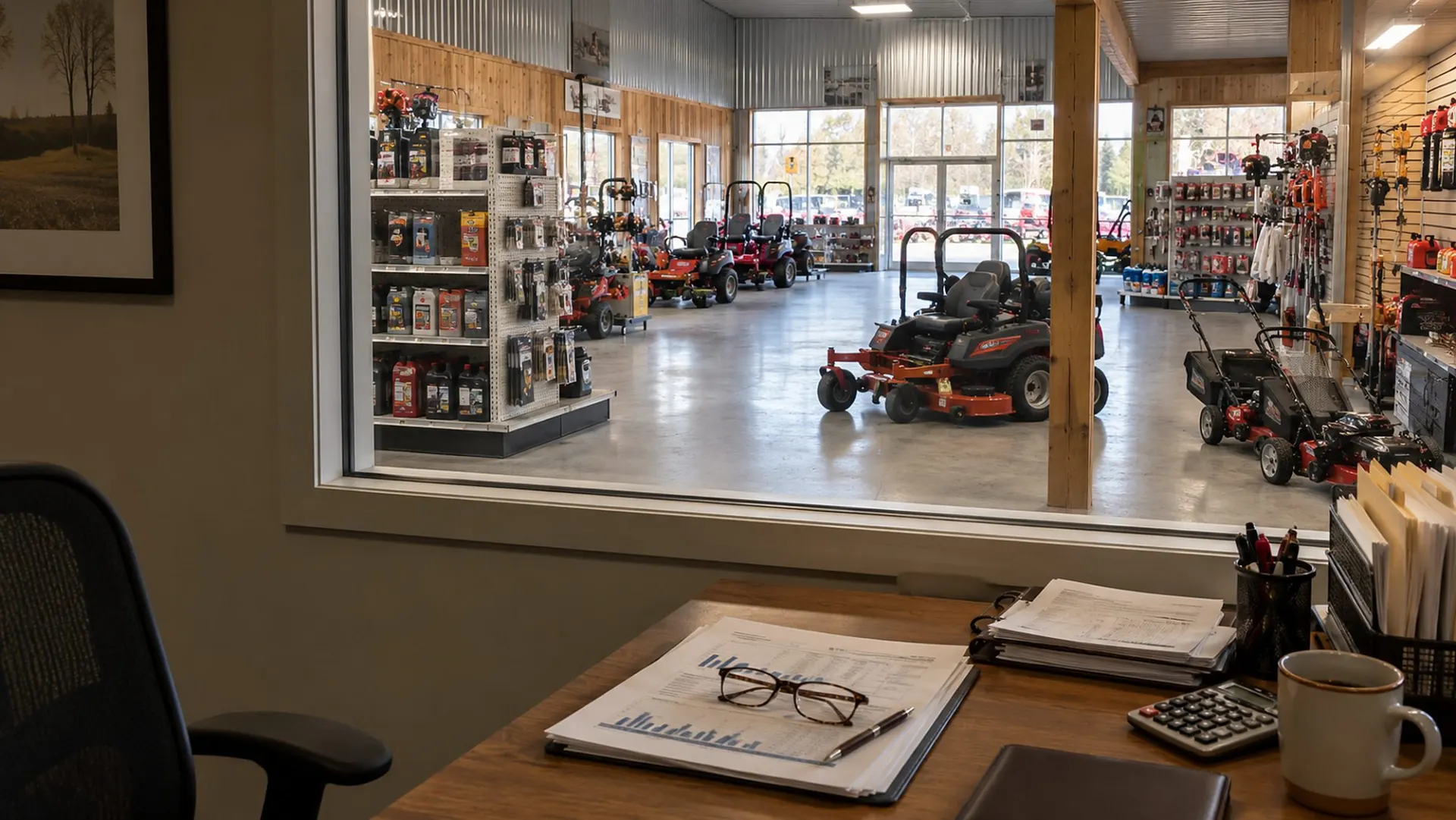 A dealership owner's desk with a printed report and reading glasses, an interior window looking out over the showroom beyond