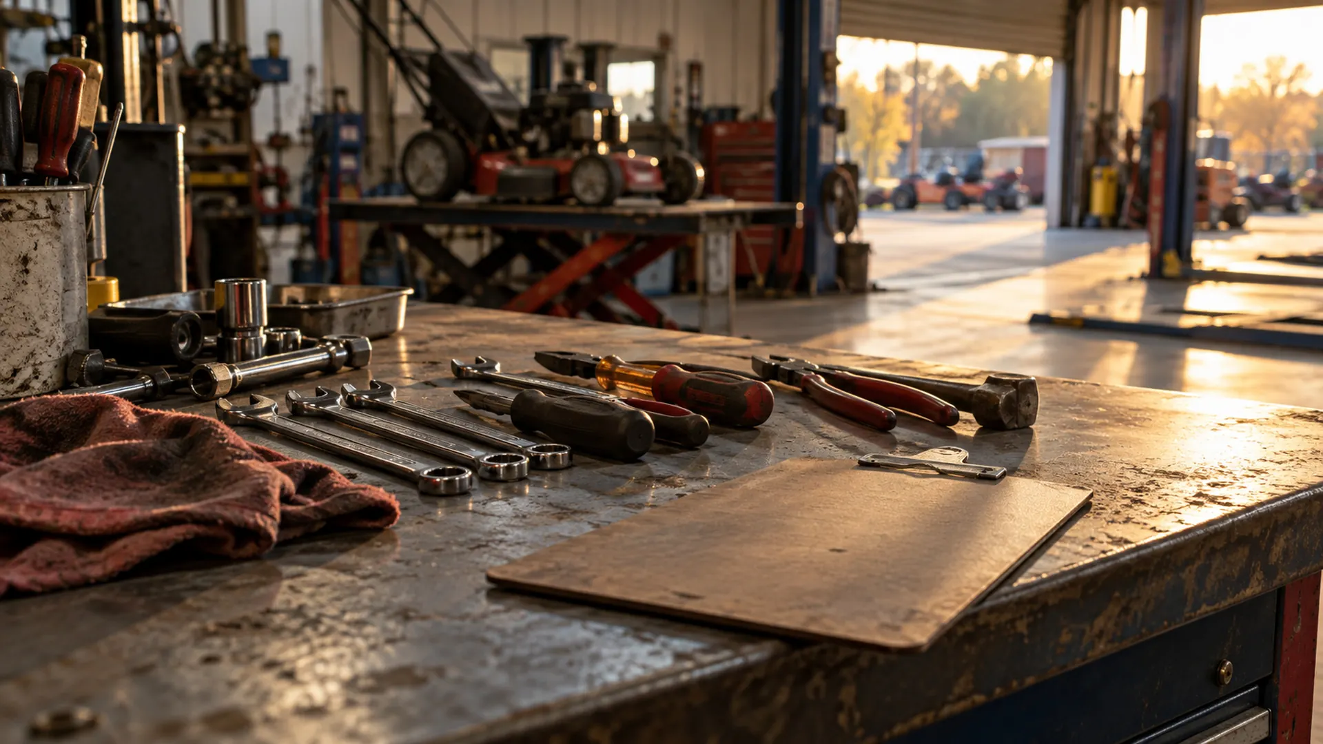 A technician's workbench at the end of the day, tools laid out beside a face-down clipboard, with the service bays beyond in late-afternoon light.