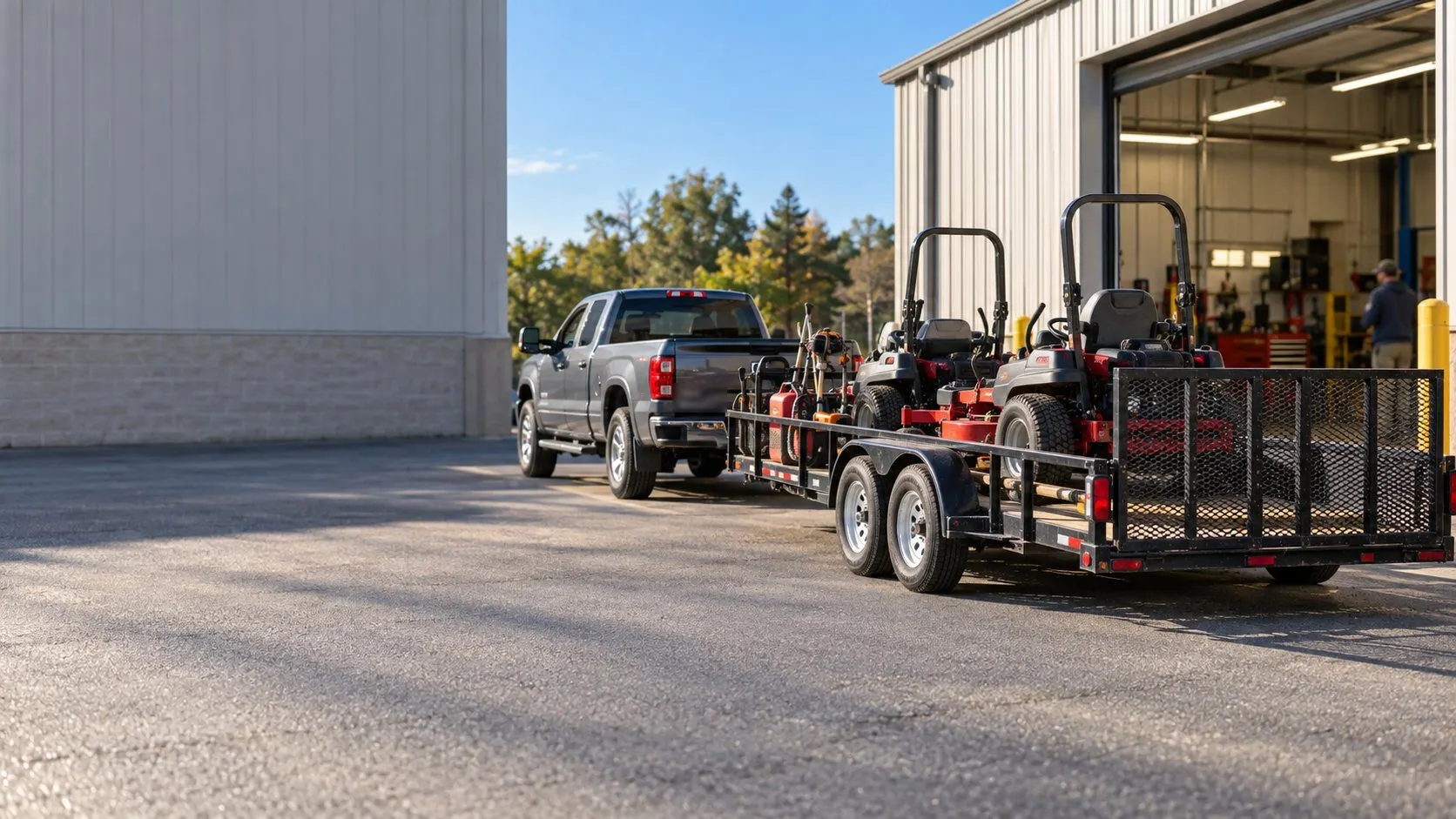 A pickup truck and open trailer loaded with two commercial zero-turn mowers and handheld equipment, backed up to a dealership's open service bay door in morning sun.