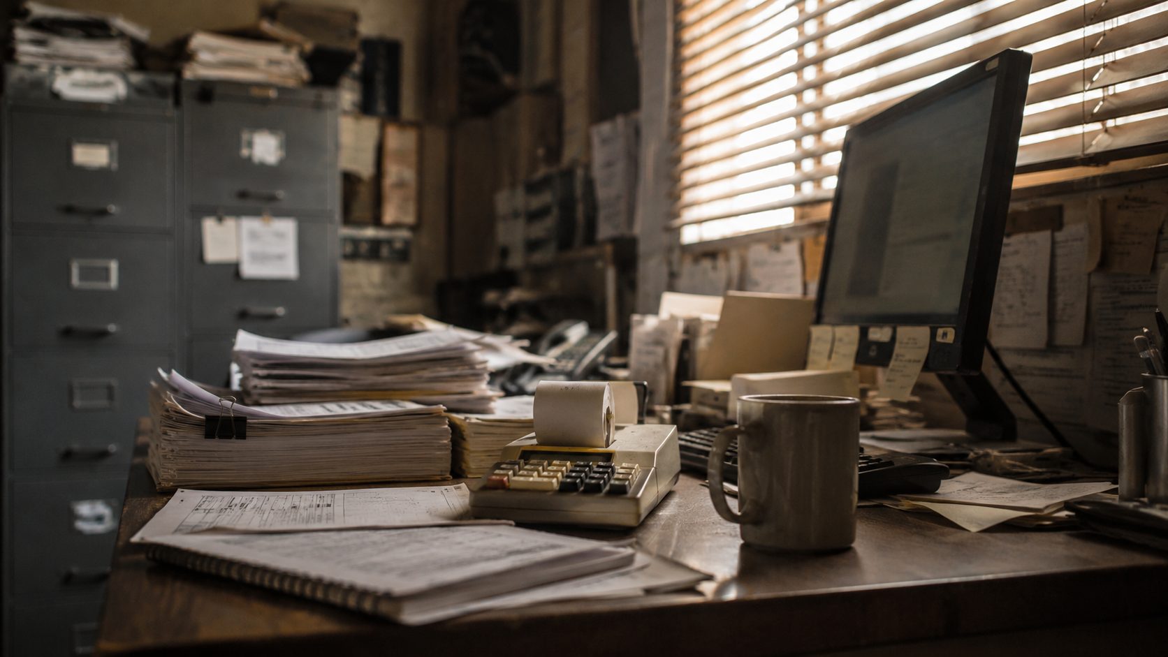 Month-end paperwork stacked on an office desk beside a calculator and monitor