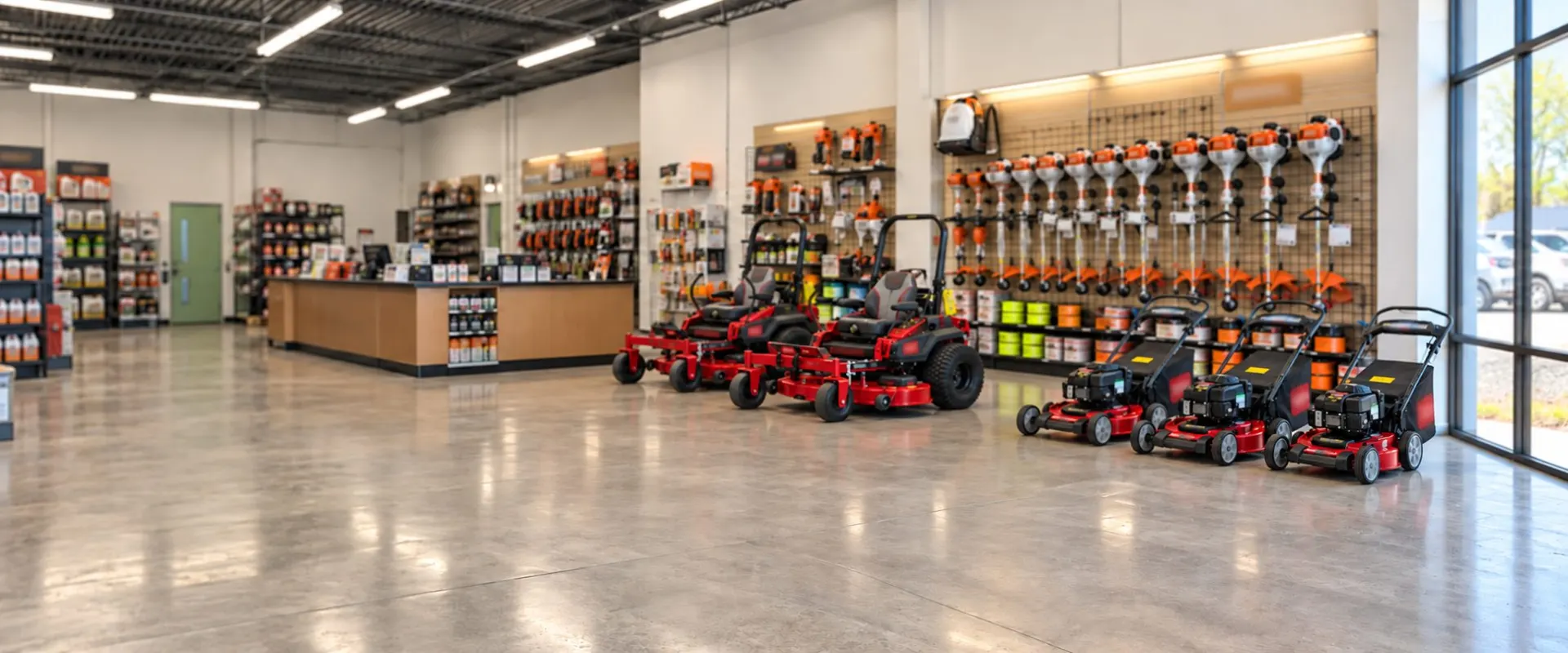 The showroom floor of an outdoor power equipment dealership, zero-turn and walk-behind mowers on polished concrete with a wall of handheld trimmers and the parts counter beyond