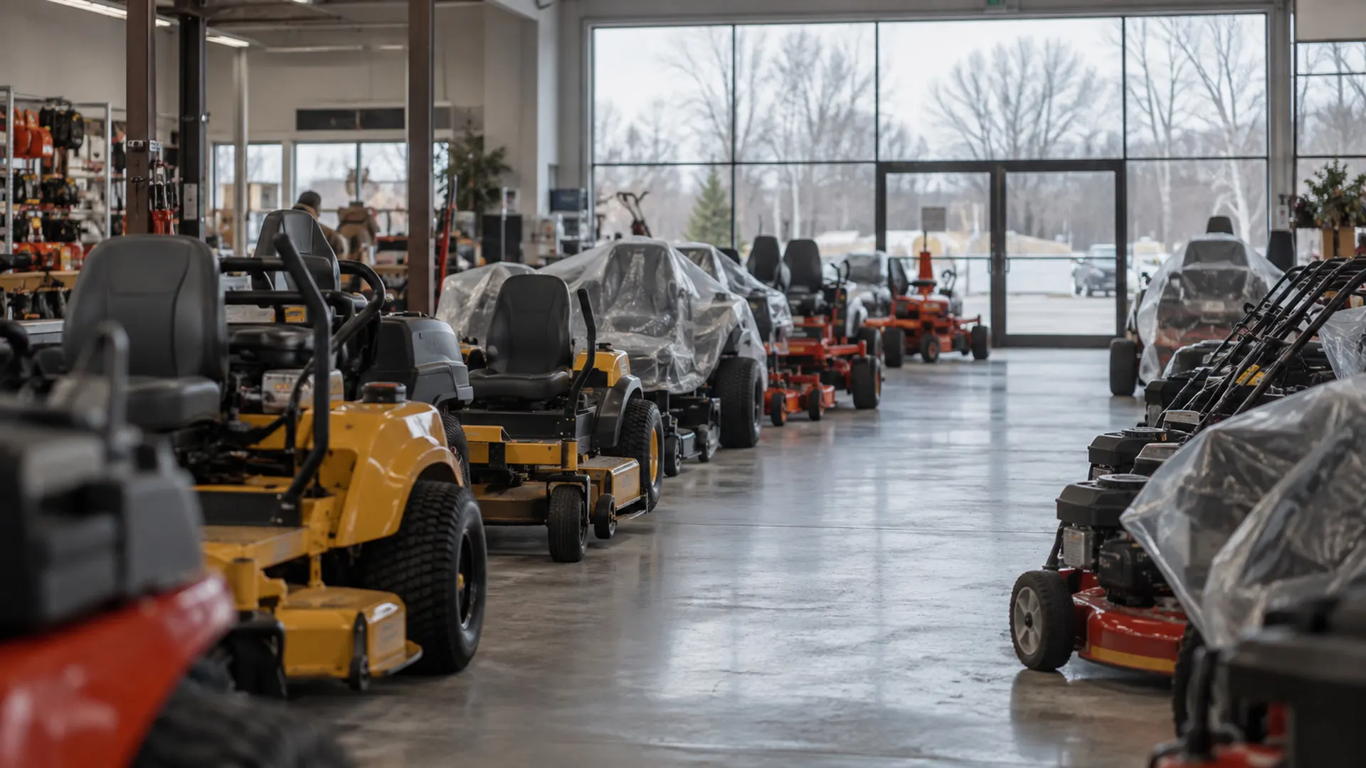 A dealership showroom in late winter, rows of new mowers, some under plastic covers, in cool daylight.