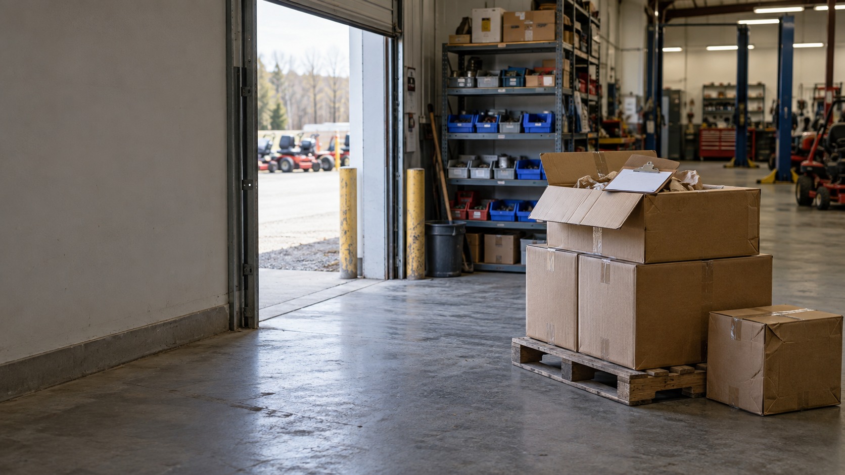 A receiving area inside an open roller door, a pallet of cartons with the top one opened and a clipboard resting on it, a dented box set beside it, parts shelving and the service bays beyond.