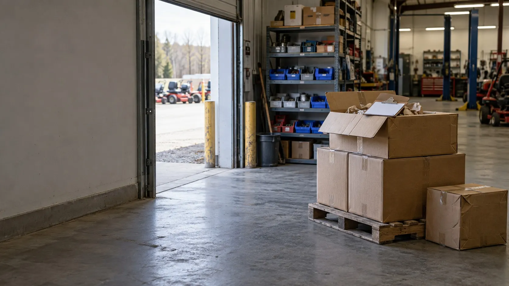 A receiving area inside an open roller door, a pallet of cartons with the top one opened and a clipboard resting on it, a dented box set beside it, parts shelving and the service bays beyond.