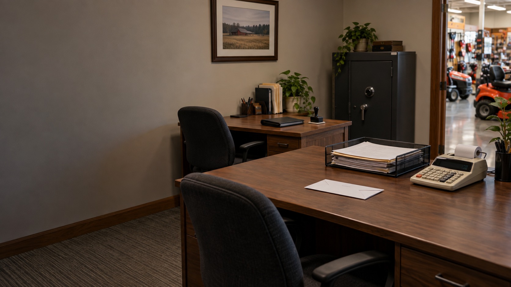 A small dealership back office with two separate desks, one holding a tray of invoices, an envelope and a printing calculator, the other a binder and a stamp, a closed safe cabinet in the corner and the sales floor through the doorway.