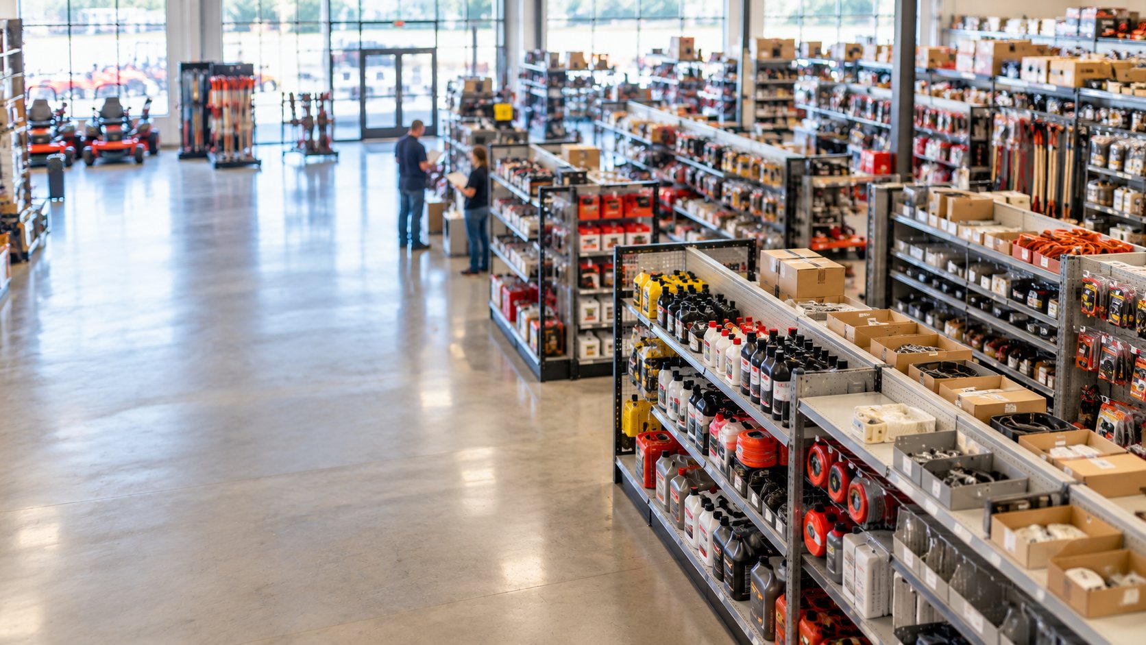 A brightly lit hardware and outdoor power equipment store seen from above, two staff with clipboards counting stock at the far end of an aisle, mowers by the front windows.