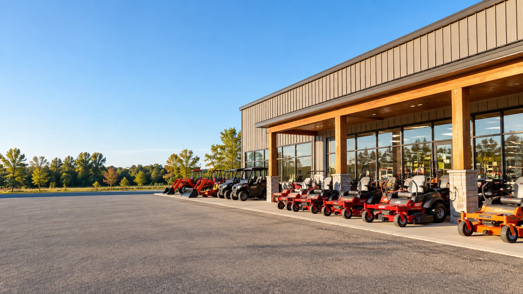 An independent outdoor power equipment store in late-afternoon sun, new zero-turn mowers, utility vehicles and a compact tractor lined up under the front canopy.