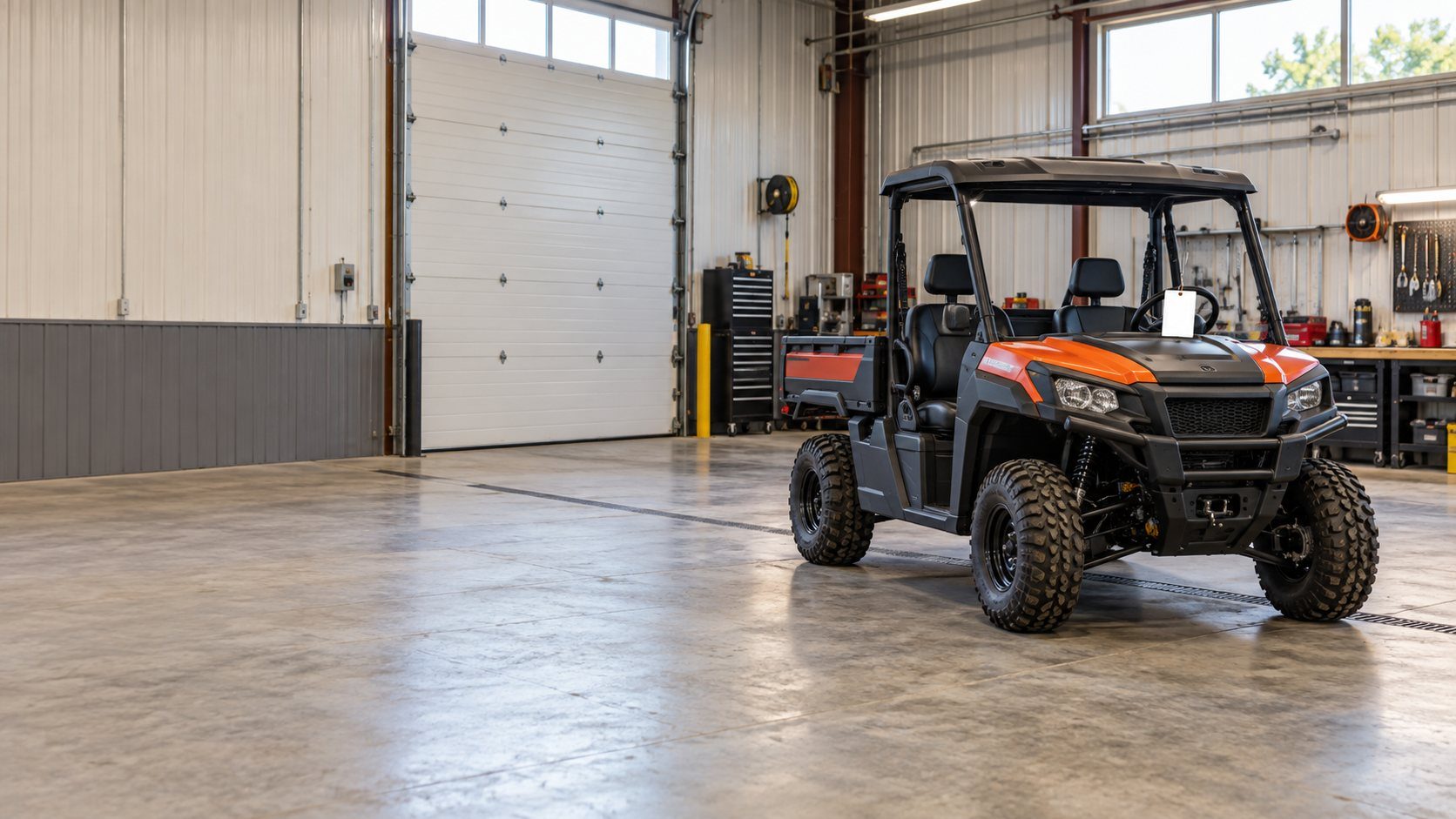 A new utility vehicle parked alone in a clean setup bay with a blank paper tag hanging from the steering wheel, waiting for its customer.