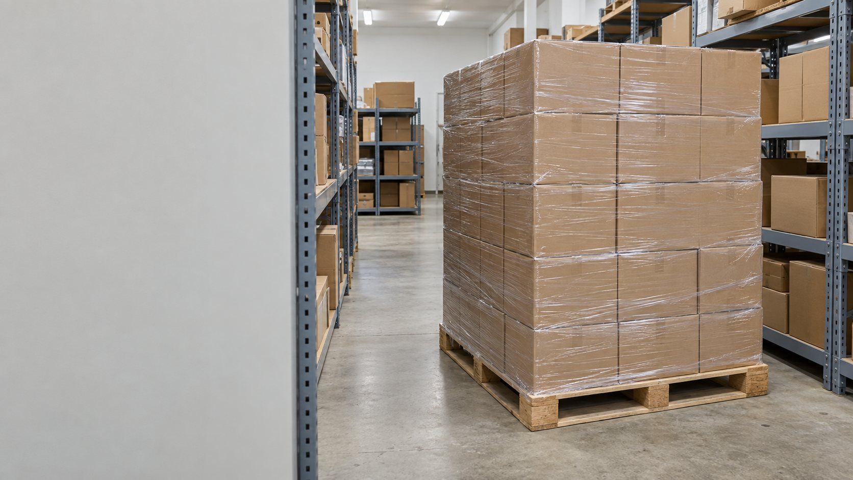 A full shrink-wrapped pallet of identical unopened cartons standing in a stockroom aisle between steel shelving.