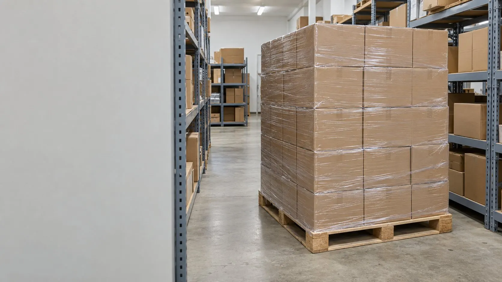 A full shrink-wrapped pallet of identical unopened cartons standing in a stockroom aisle between steel shelving.