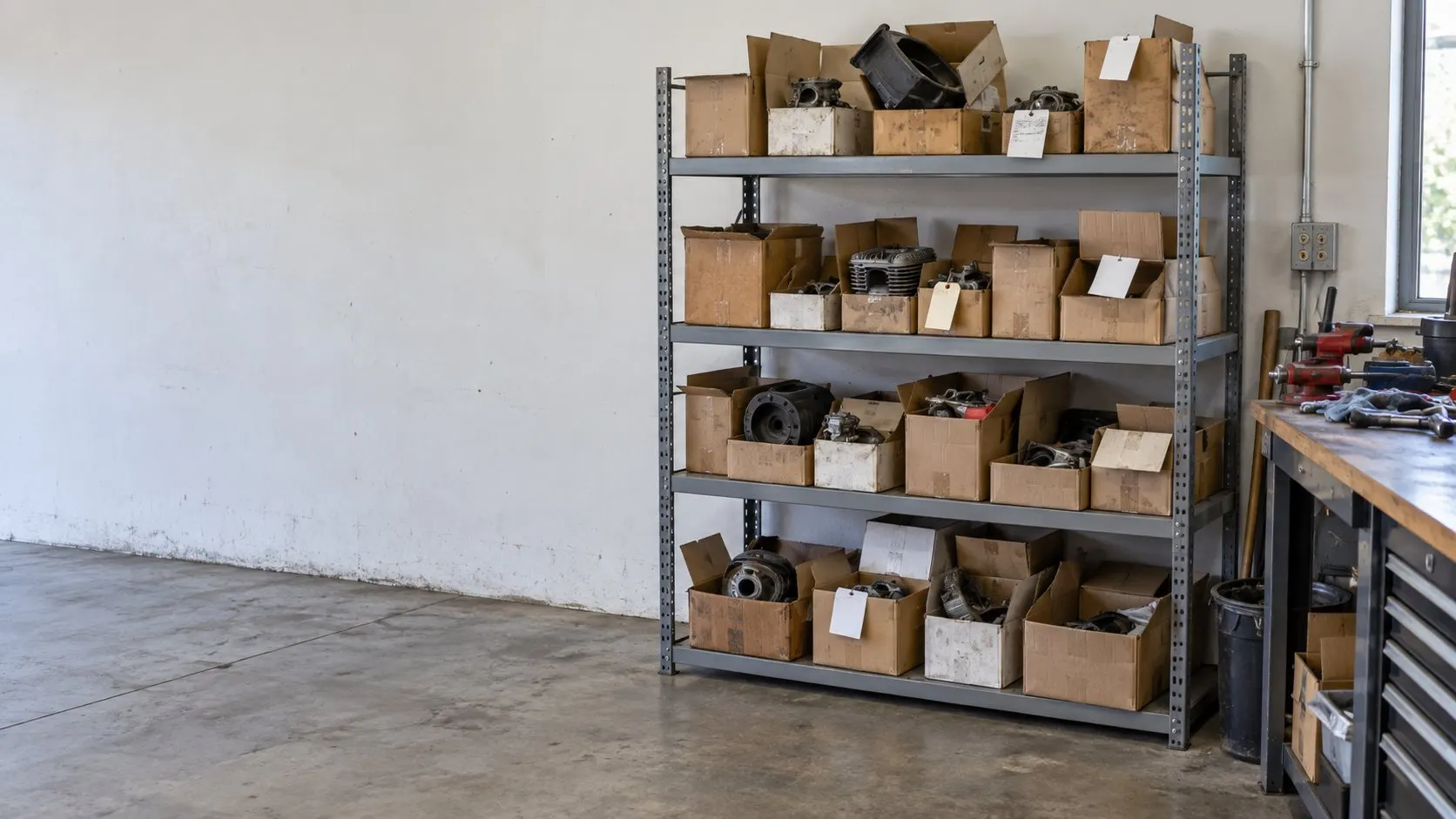 A grey steel shelf at the back of a service shop holding failed parts in the cardboard boxes their replacements came in, some with paper tags and some without, beside a workbench.