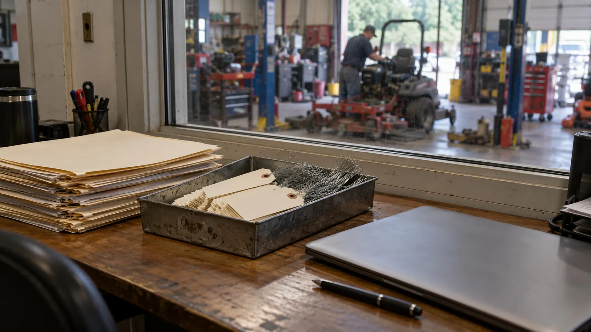 A service office desk with folders and a tray of blank part tags, looking out through a window onto the service bay.